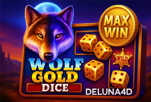 Ilustrasi 3D slot online Wolf Gold Dice di DELUNA4D dengan tema serigala dan pecahan maxwin